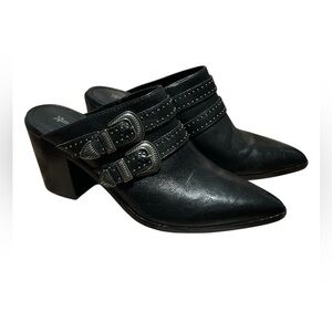 Frye Black Leather Mules with Buckle Accents